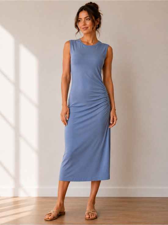COS Dresses & Skirts - COS Midi Jersey Cinch Waist Gathered Dress Size Large Minimalist Blue Sleeveless